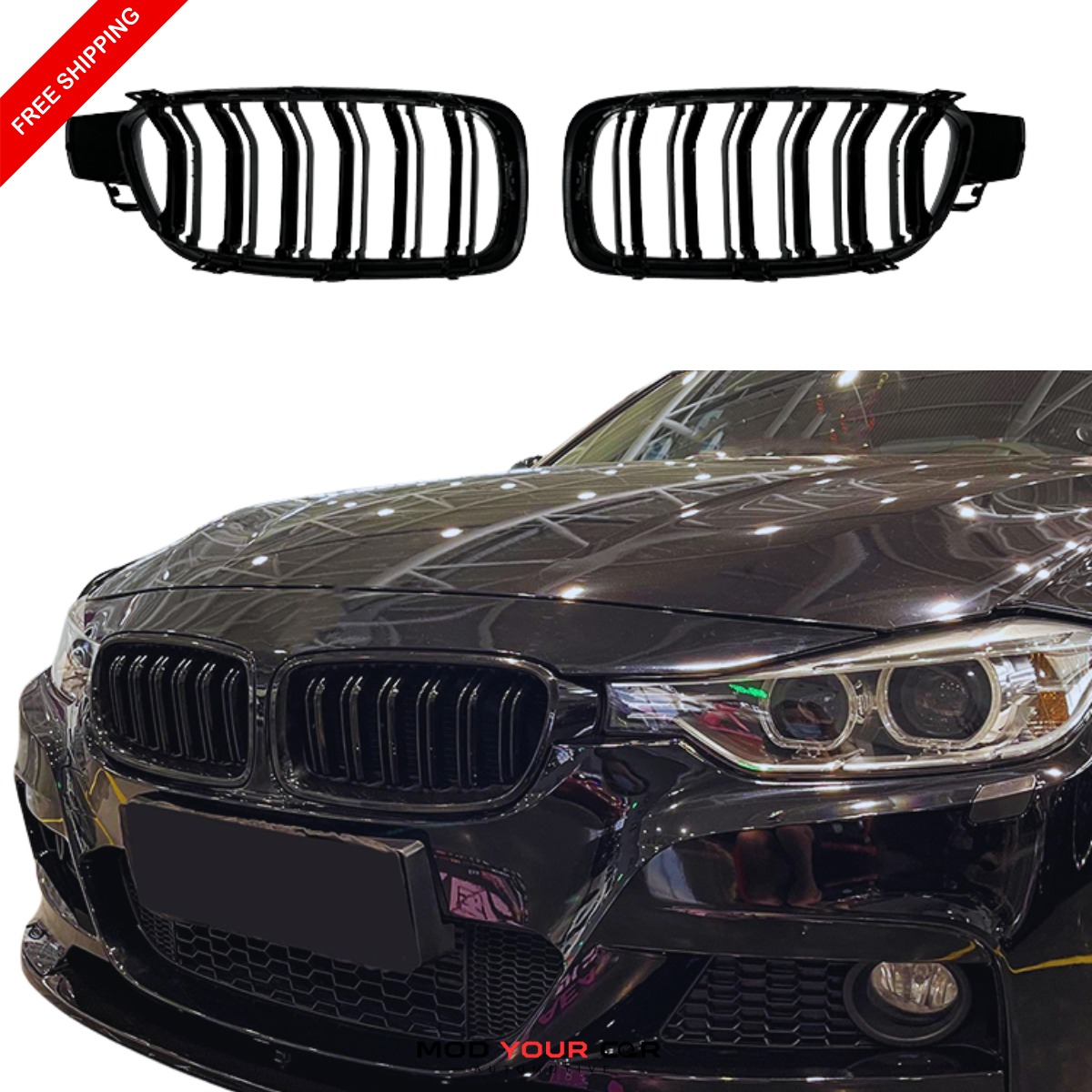 2012-2018 BMW 3 Series F30 Front Grille (No Logo) – Gloss Black Dual Slat Design