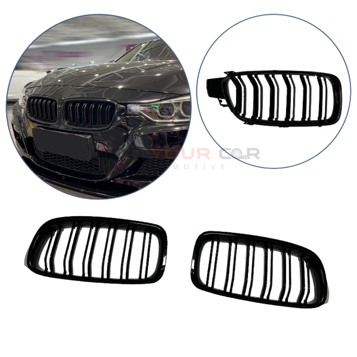 2012-2018 BMW 3 Series F30 Front Grille (No Logo) – Gloss Black Dual Slat Design