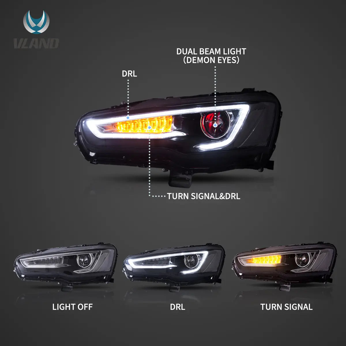 Vland 2008-2017 Mitsubishi Lancer Evo X Headlights With Dual Beam Projector